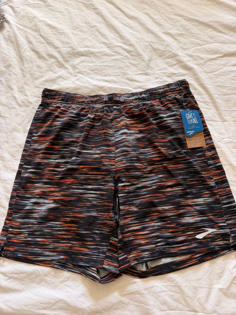 Brooks Men's Moment 7" Shorts - Black, Orange, Gray Space-Dye